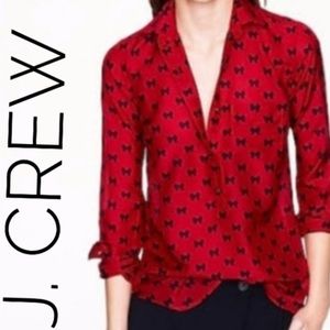 J Crew Long Sleeved Red Blouse Black Bows 3/4 Button Down Size 4 Cotton/Silk